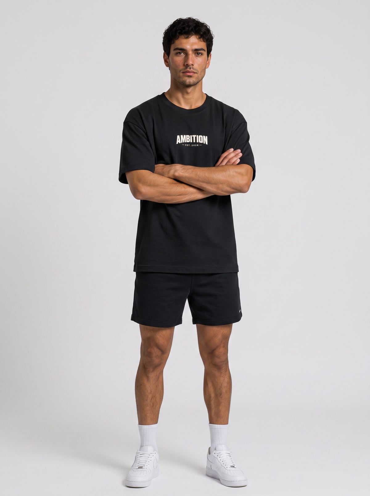 Ambition Limitless black organic cotton oversized t-shirt with drop shoulders and white logo print on chest