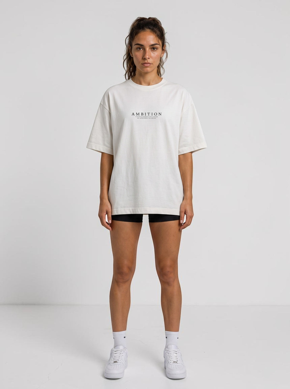 Ambition Limitless Legacy oversize off-white organic cotton t-shirt with dropped shoulders on a female model
