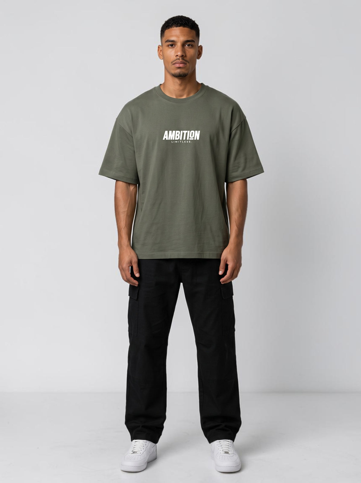 Ambition Limitless olive green organic cotton oversized t-shirt with drop shoulders and white chest logo