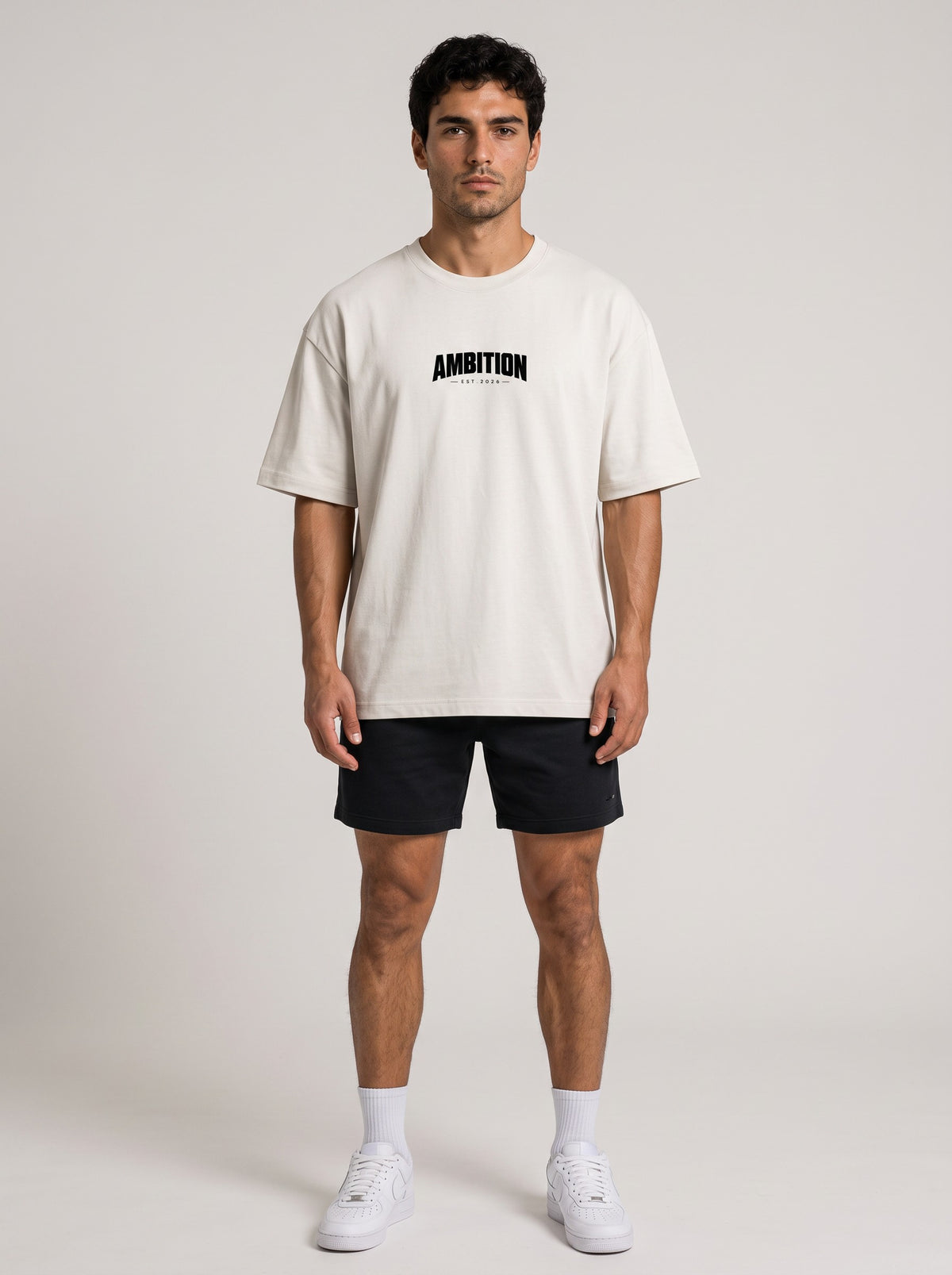 Ambition Limitless Origins oversize beige organic cotton t-shirt with drop shoulders and black logo on chest
