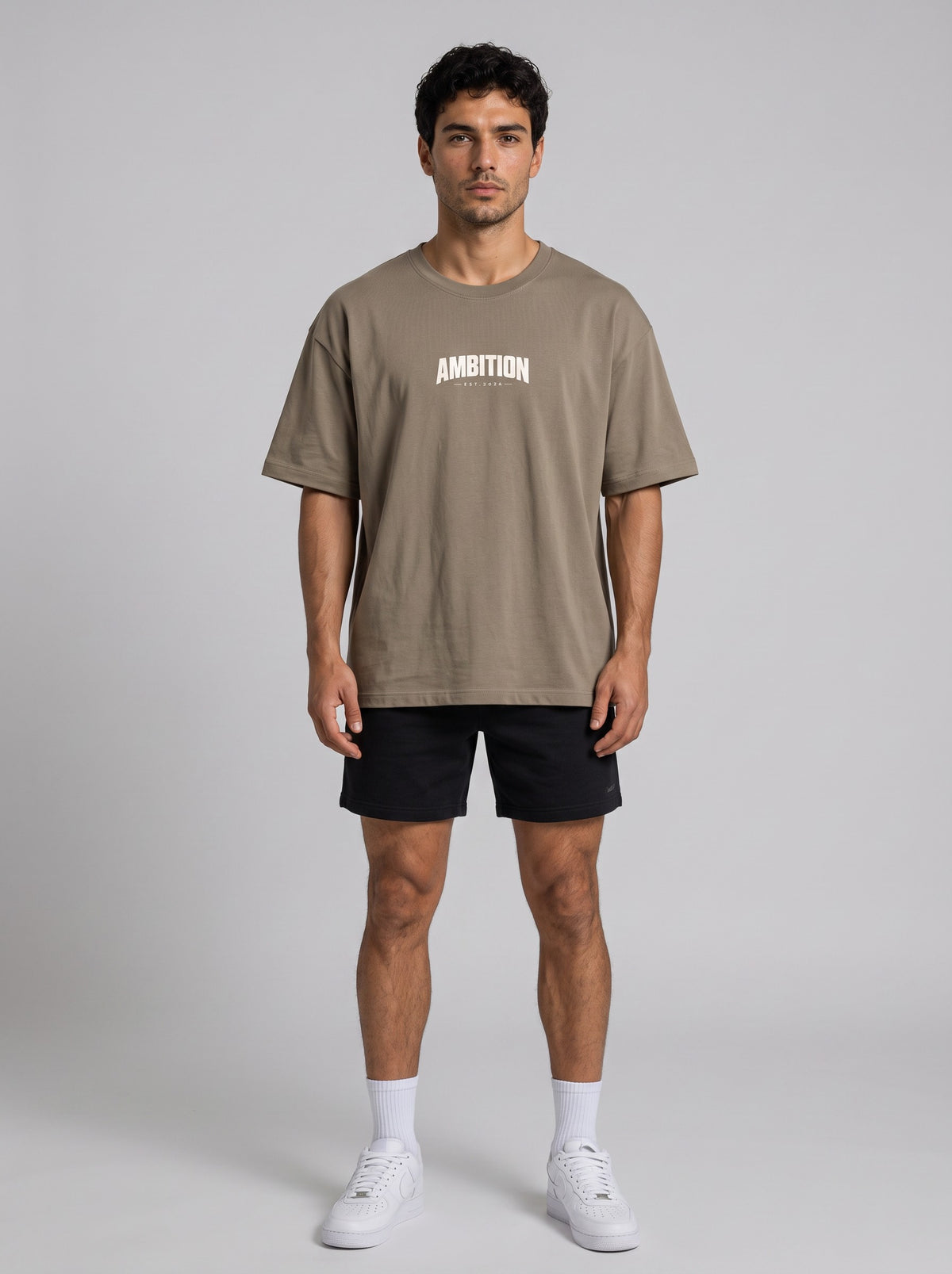 Ambition Limitless Origins oversize t-shirt in taupe organic cotton with drop shoulders and white chest logo print